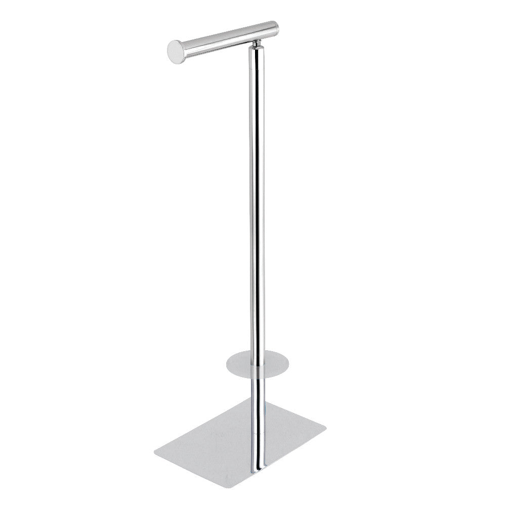 Freestanding toilet paper holder, polished chrome, with round base and horizontal roll bar