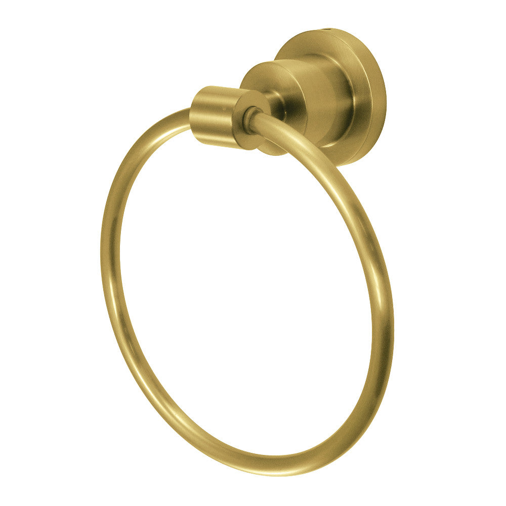 Brushed brass towel ring with oval loop and round wall mount