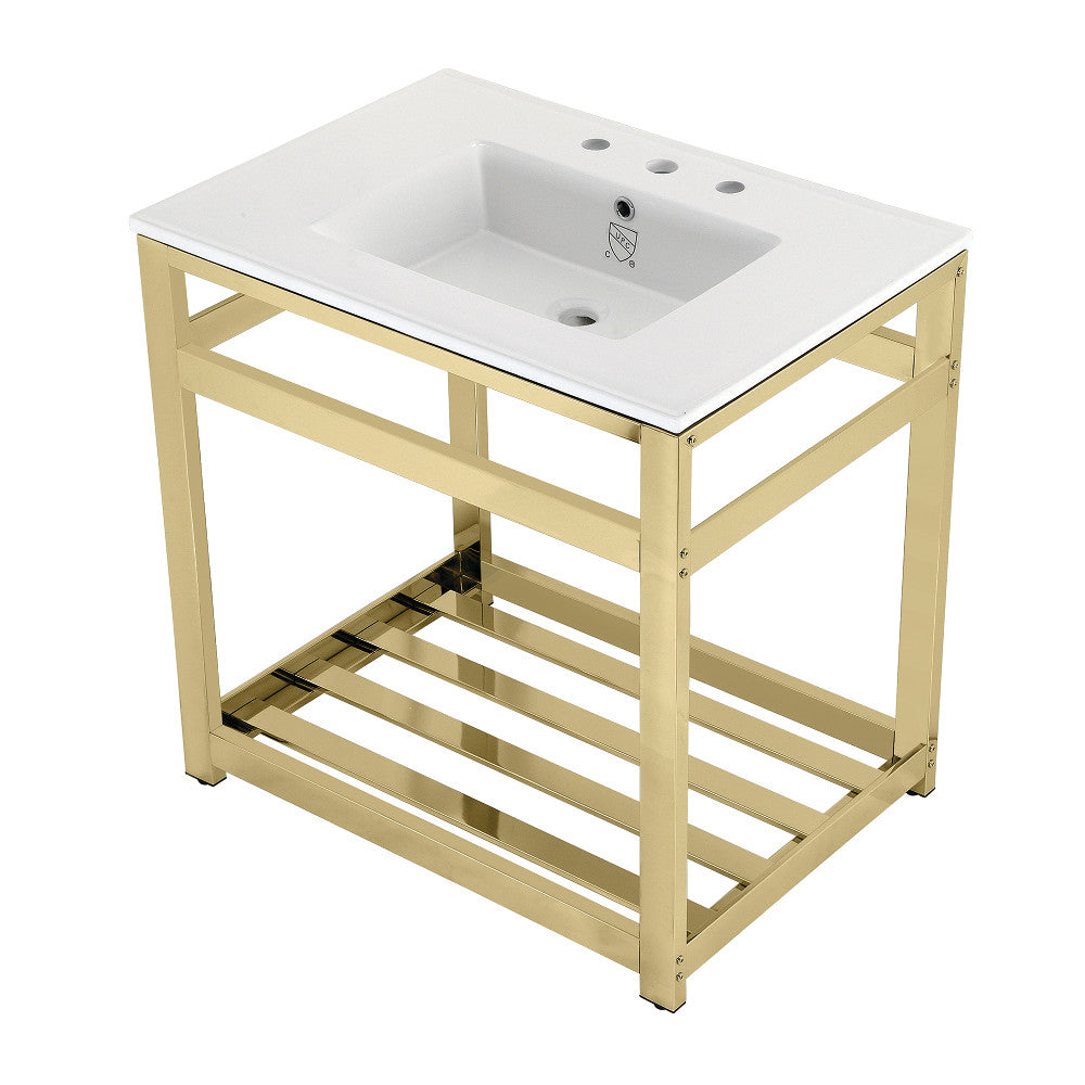 White ceramic console sink with center basin, three faucet holes, and polished brass base