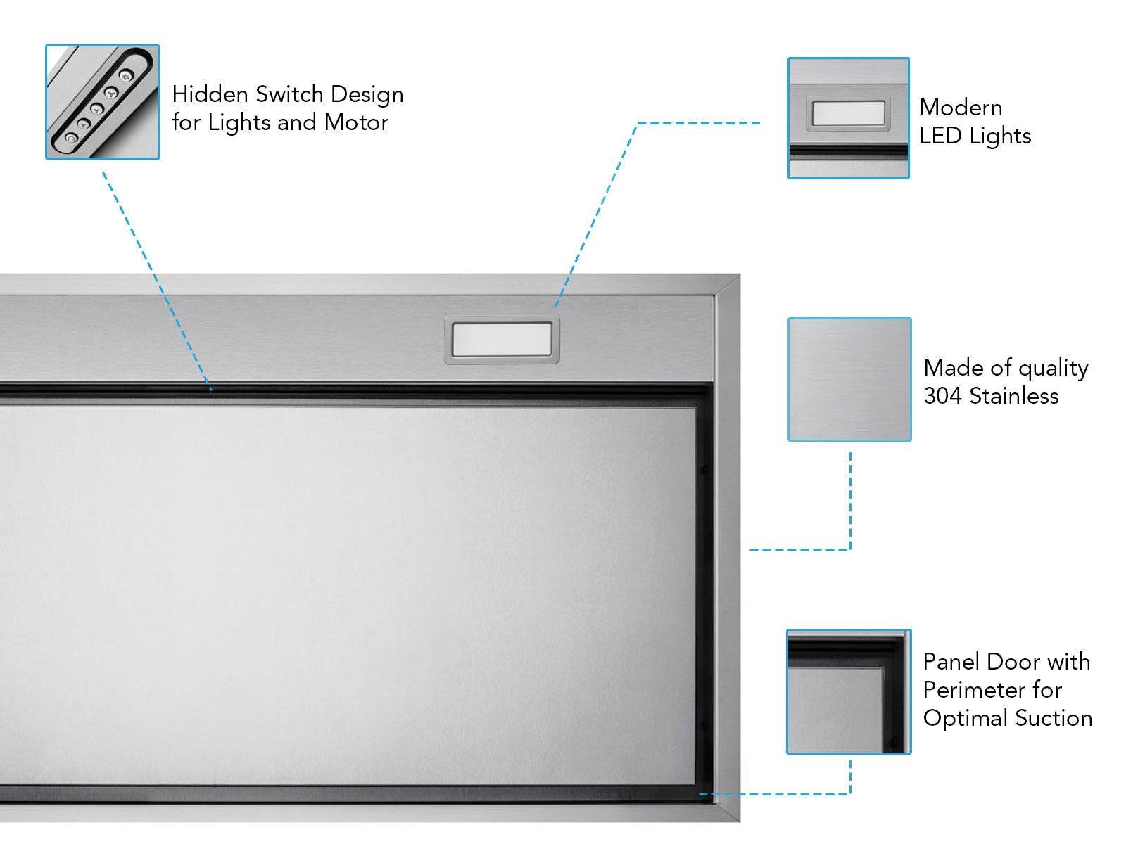 Stainless steel insert range hood underside with control switch panel and front vent slot