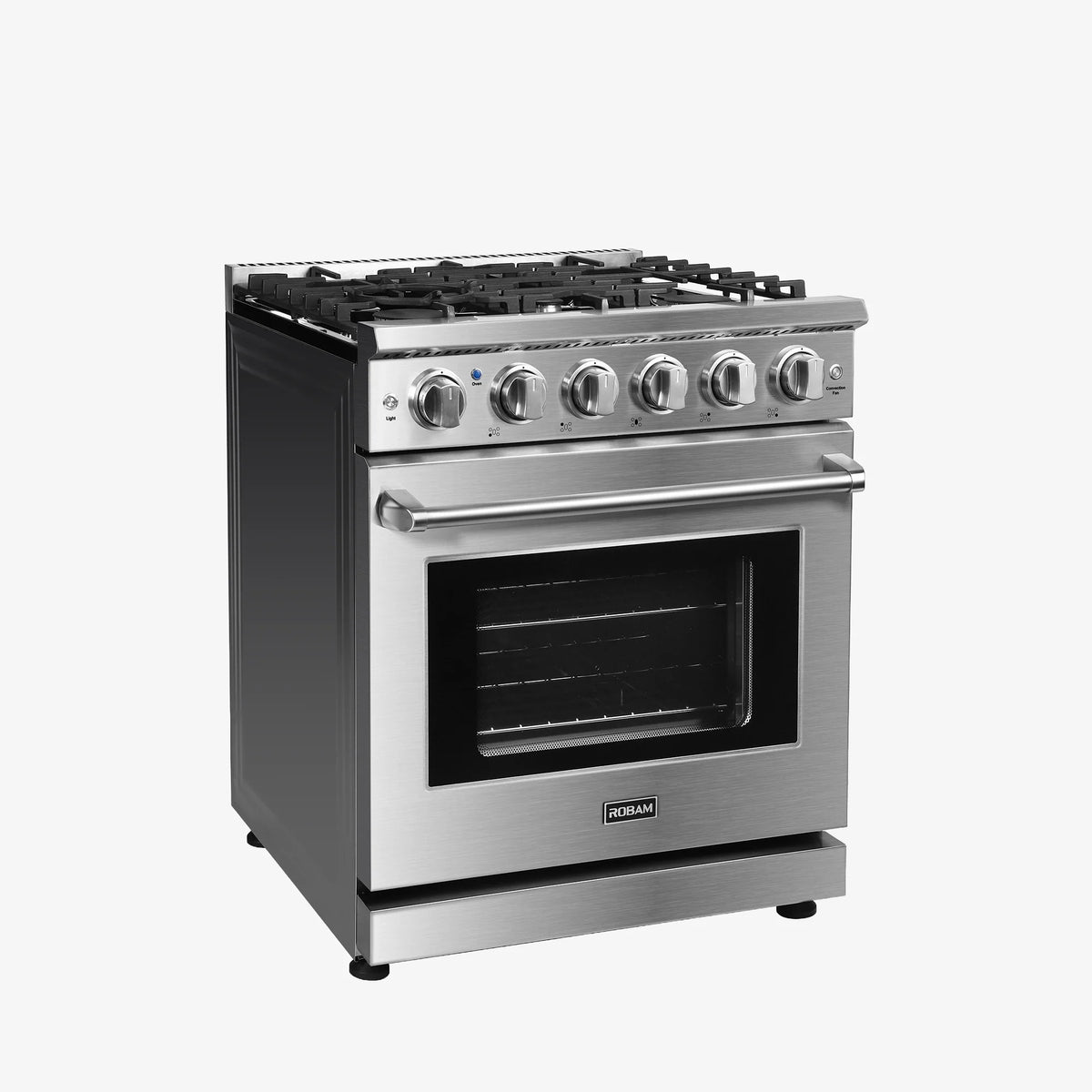 Stainless steel gas range with five burner knobs, oven handle, and front oven window