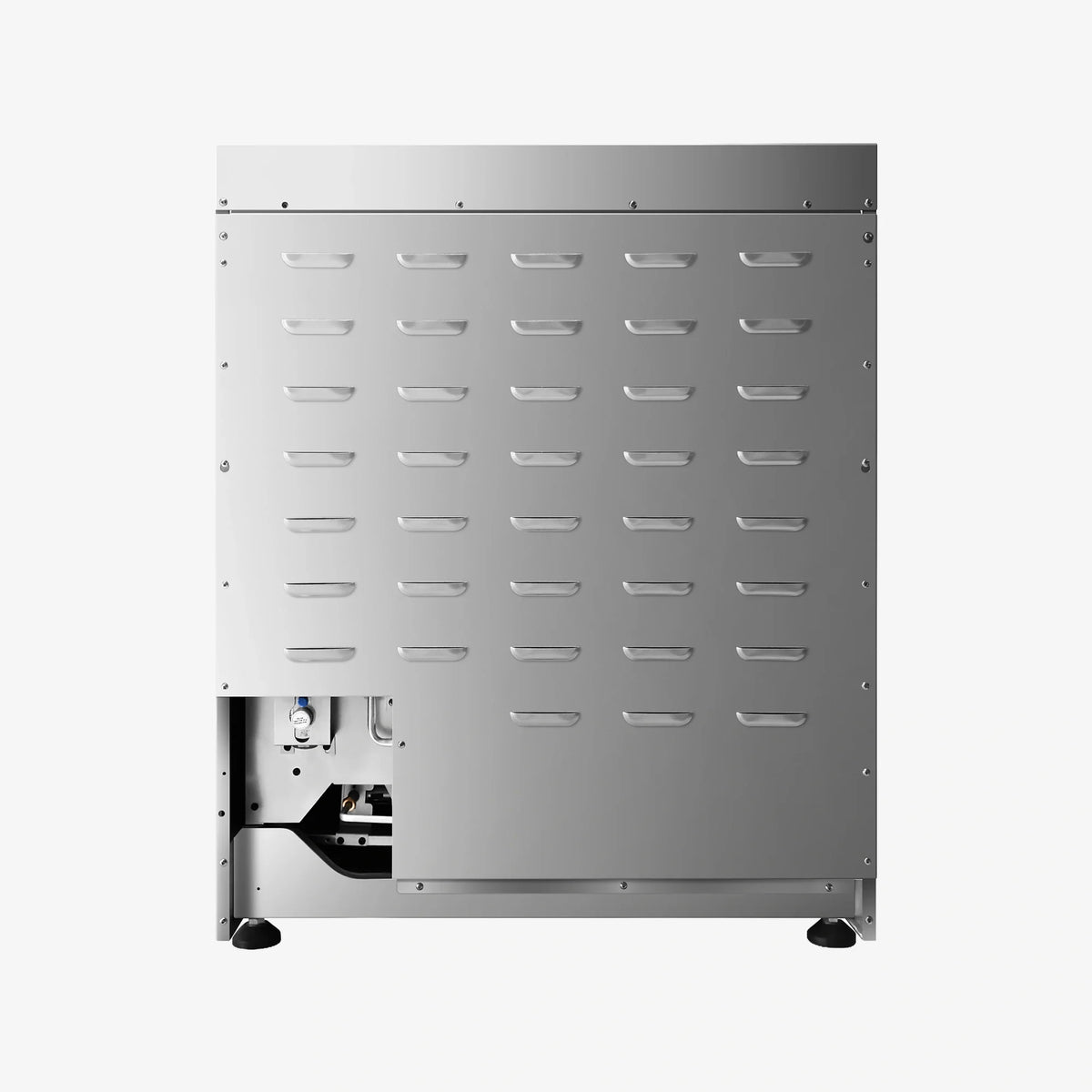 Stainless steel gas range side panel with vented slots and open access area