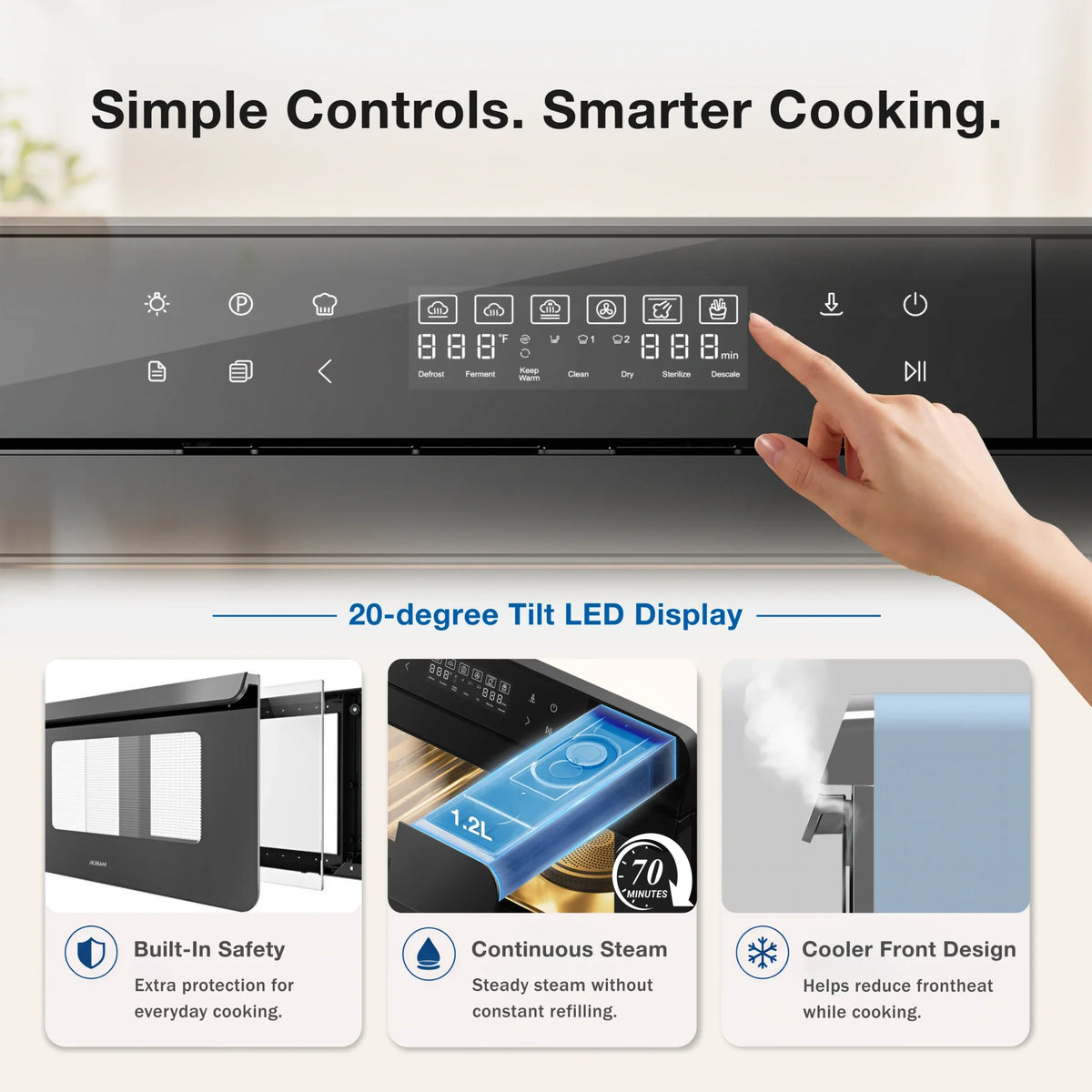Combi steam oven front control panel with a hand touching buttons