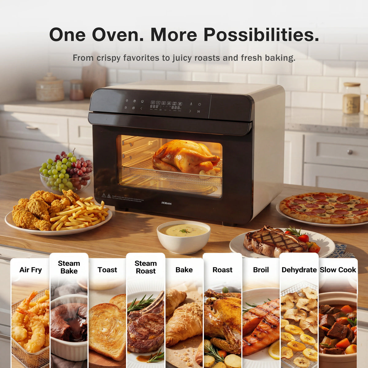 Cream and black combi steam oven with door open, whole chicken cooking