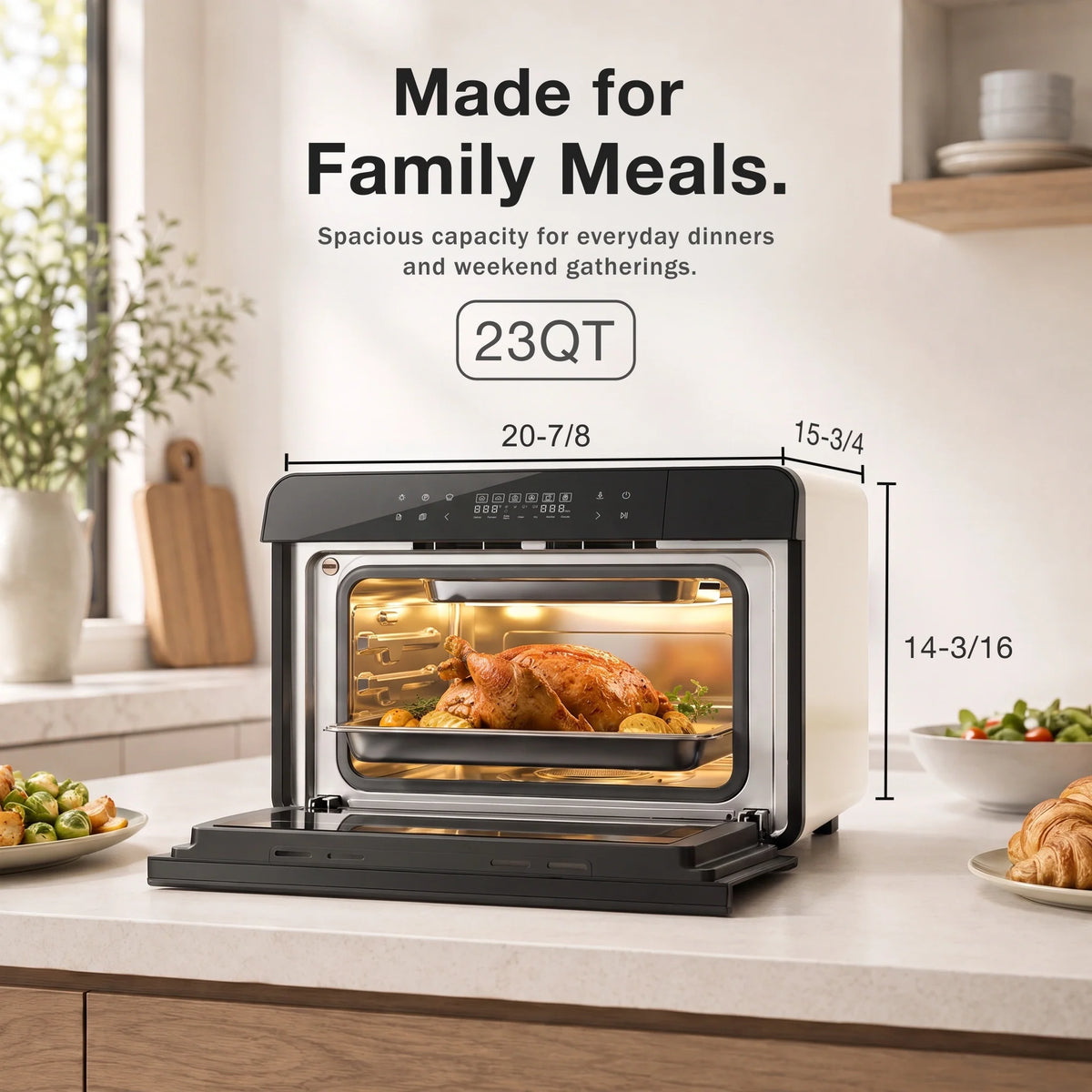 Cream white combi steam oven with door open and roast chicken inside