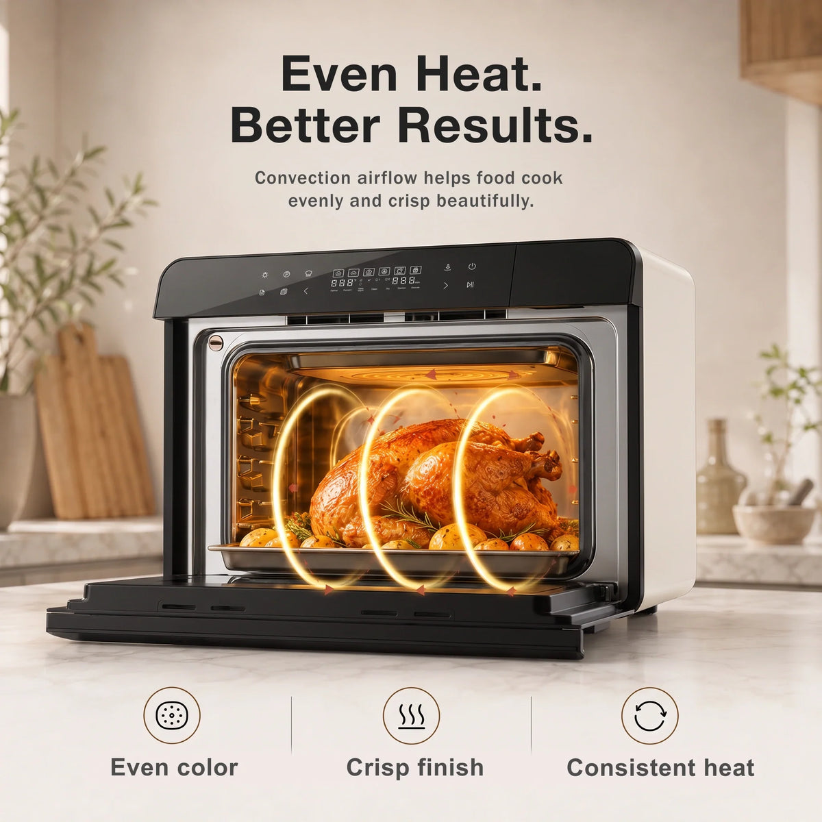 Cream combi steam oven heating a roast chicken inside with airflow lines