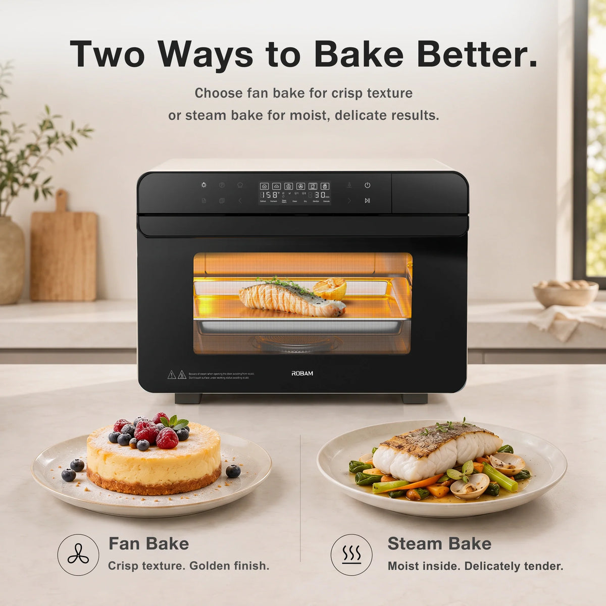 Black combi steam oven with cream sides, fish baking inside
