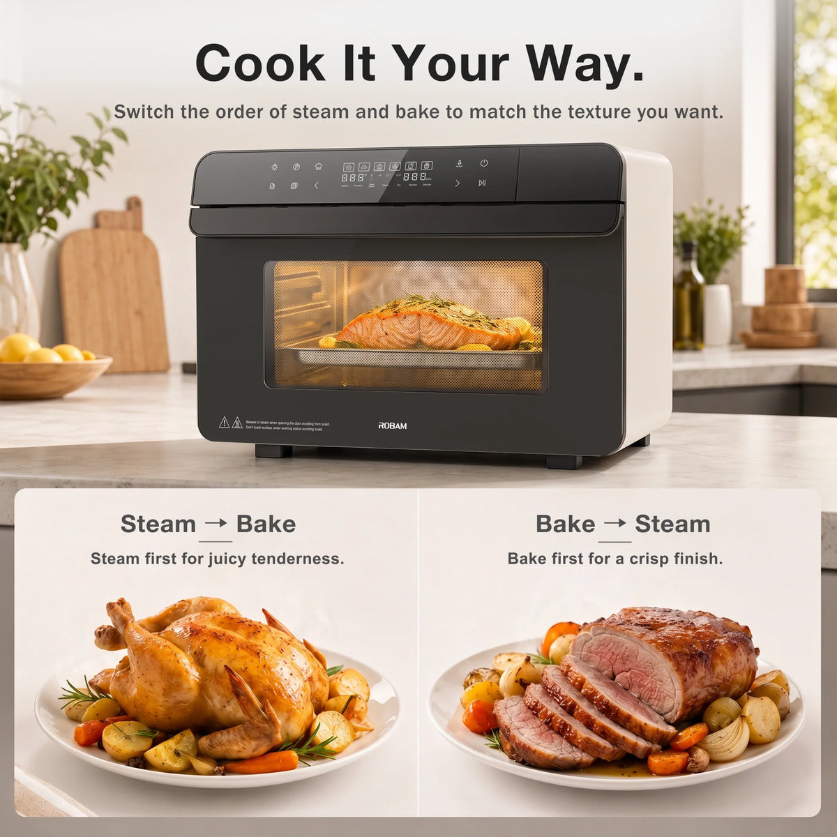 Combi steam oven with door open, salmon baking and roast dinner shown