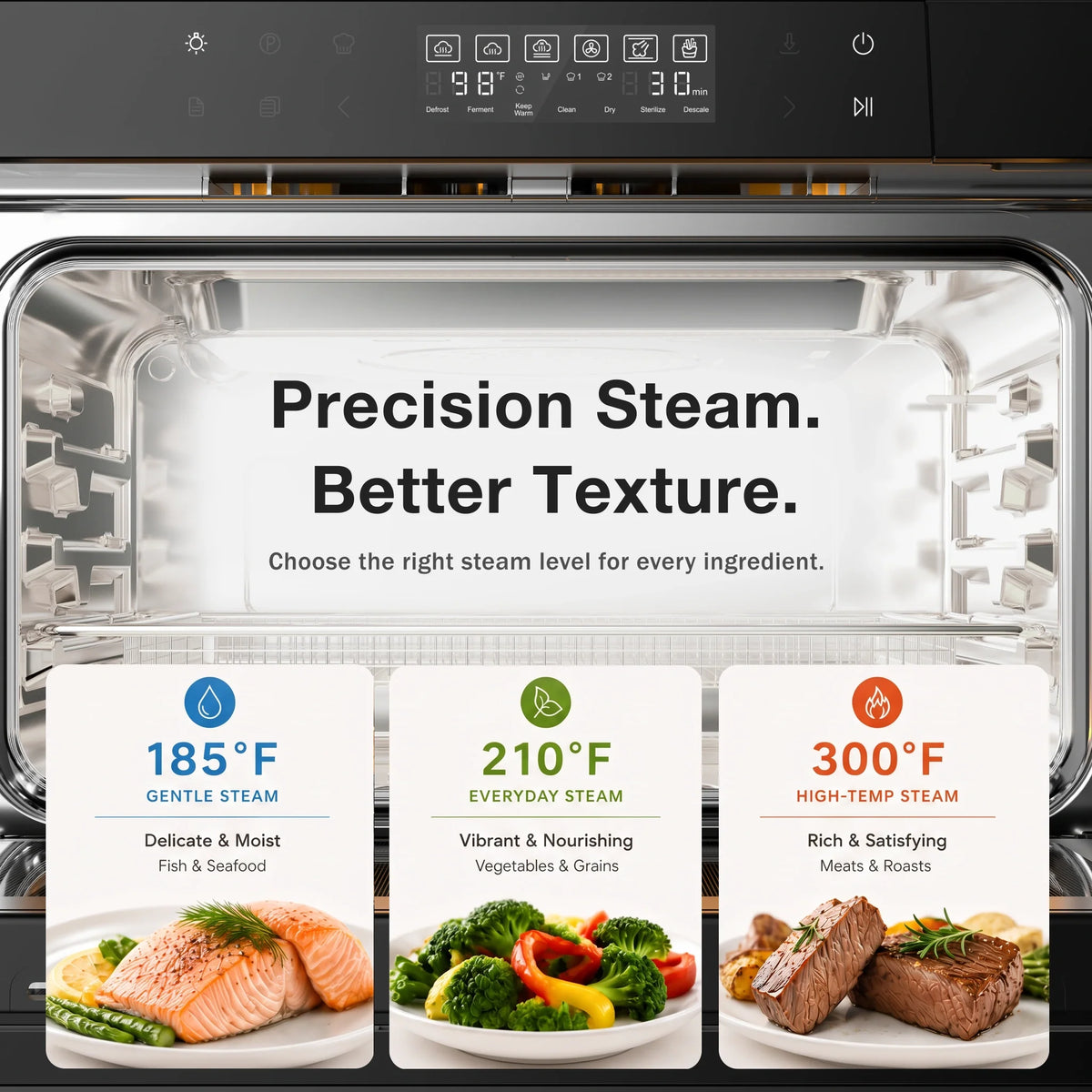 Open combi steam oven interior with steam-level temperature cards displayed