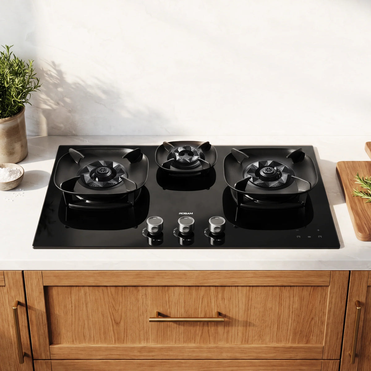 ROBAM FireCube 30-Inch Gas Cooktop with 3 Burners in Black Tempered Glass (7B7H30/7B7H31)