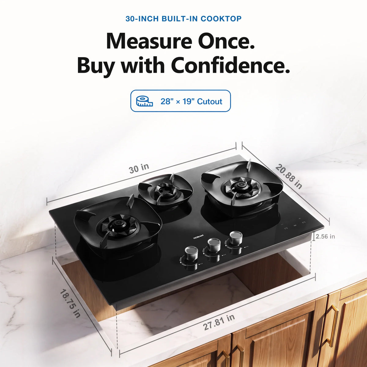 ROBAM FireCube 30-Inch Gas Cooktop with 3 Burners in Black Tempered Glass (7B7H30/7B7H31)