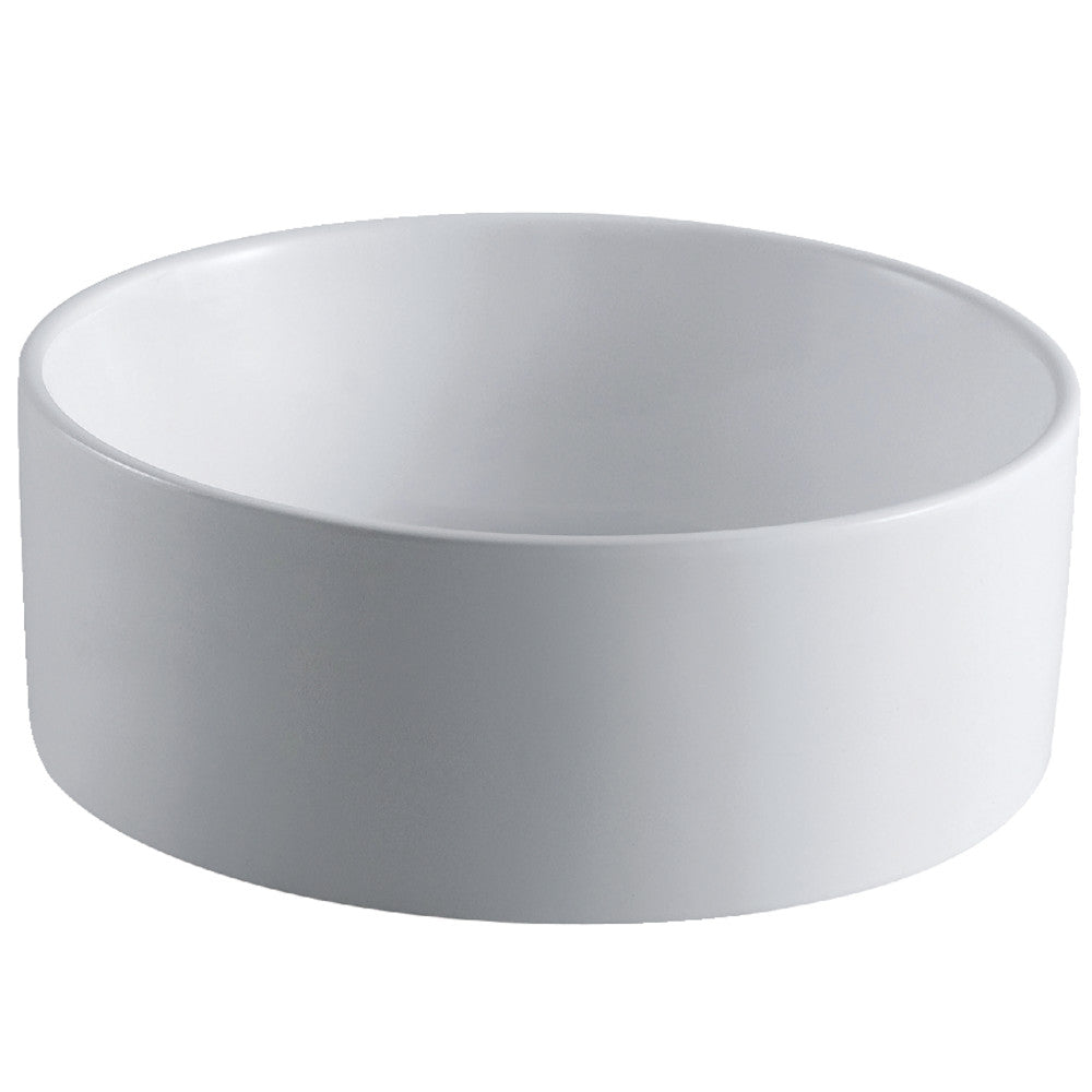 White round ceramic vessel sink with smooth, shallow bowl
