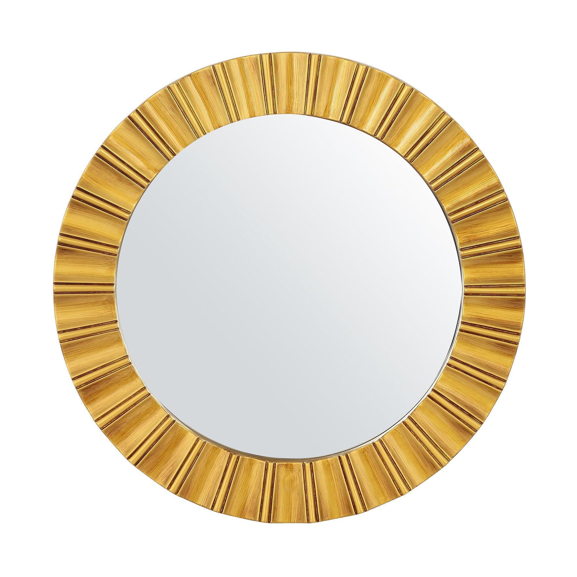 Round decorative wall mirror with golden ribbed sunburst edge and mirrored center