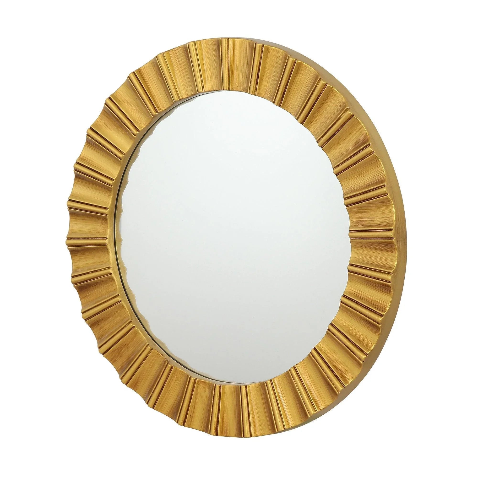 Round wall mirror with golden ribbed sunburst frame and reflective glass face