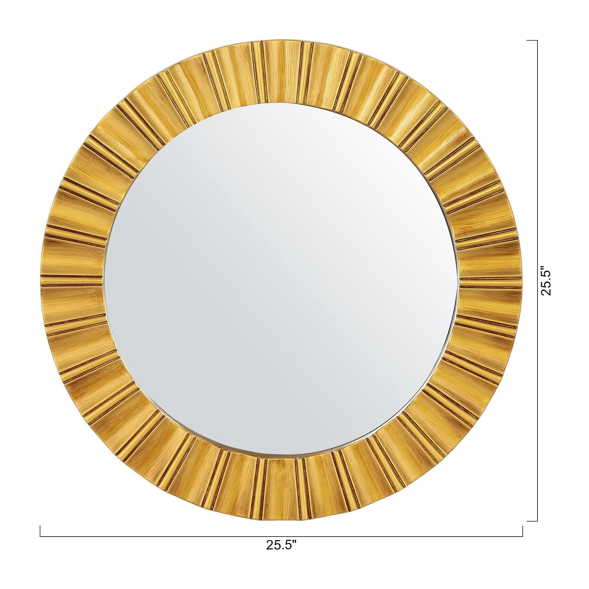 Golden round wall mirror, 25.5 in, with ribbed sunburst frame and mirrored center