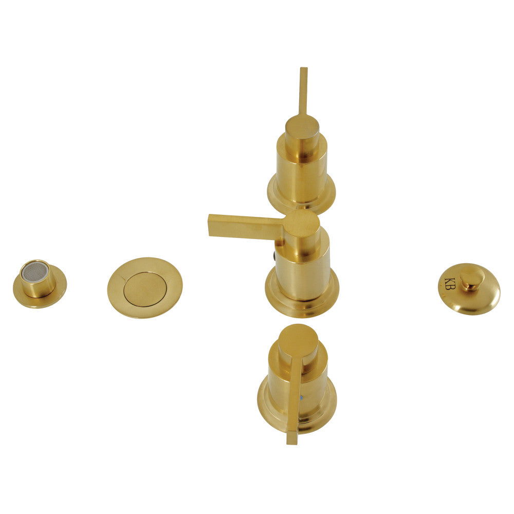 Brushed brass three-handle bidet faucet with pop-up drain and matching escutcheons
