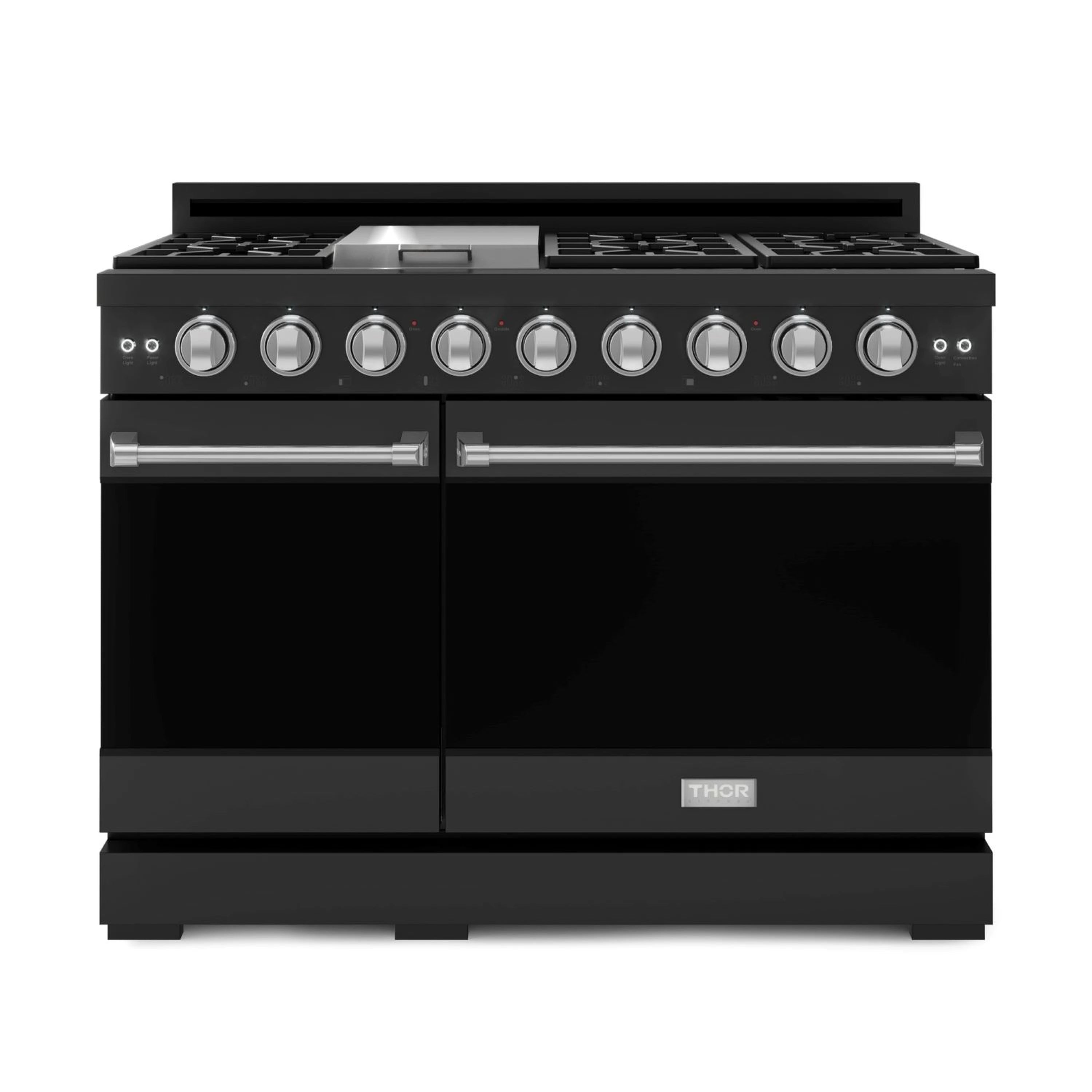 Black double-oven gas range with stainless trim and control knobs, doors closed