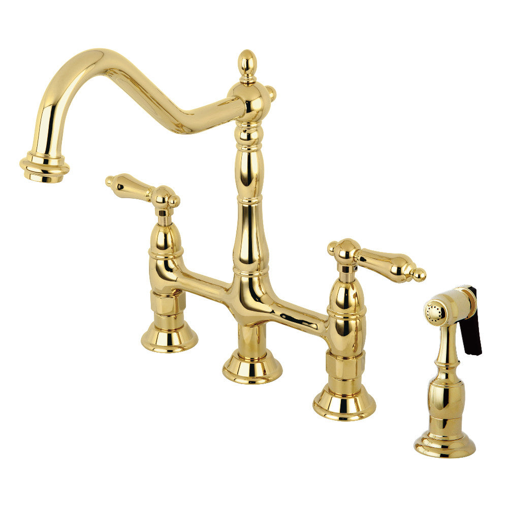 Polished brass bridge kitchen faucet with side sprayer and cross handles