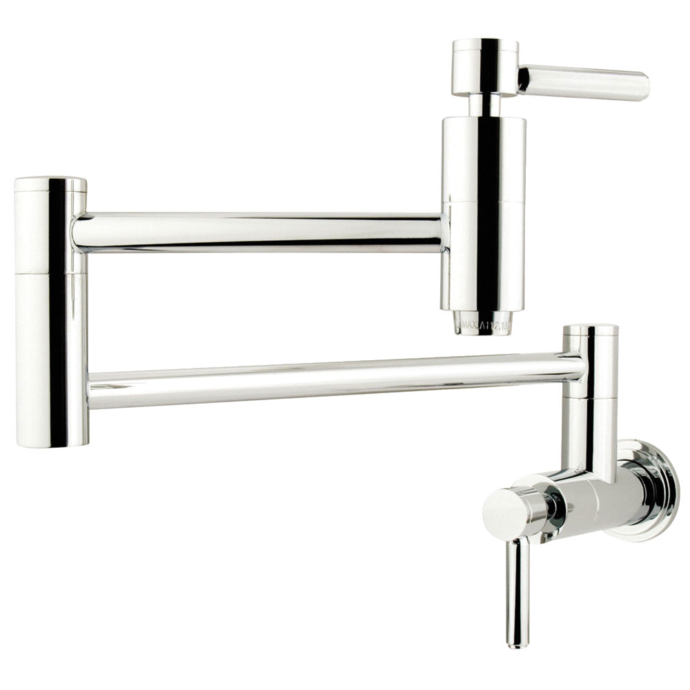 Wall-mount pot filler faucet in polished chrome with side spout and control handles
