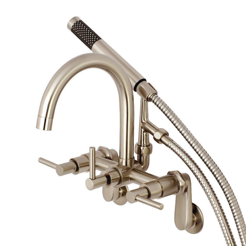 Brushed nickel wall-mount tub faucet with adjustable handles and handheld shower hose