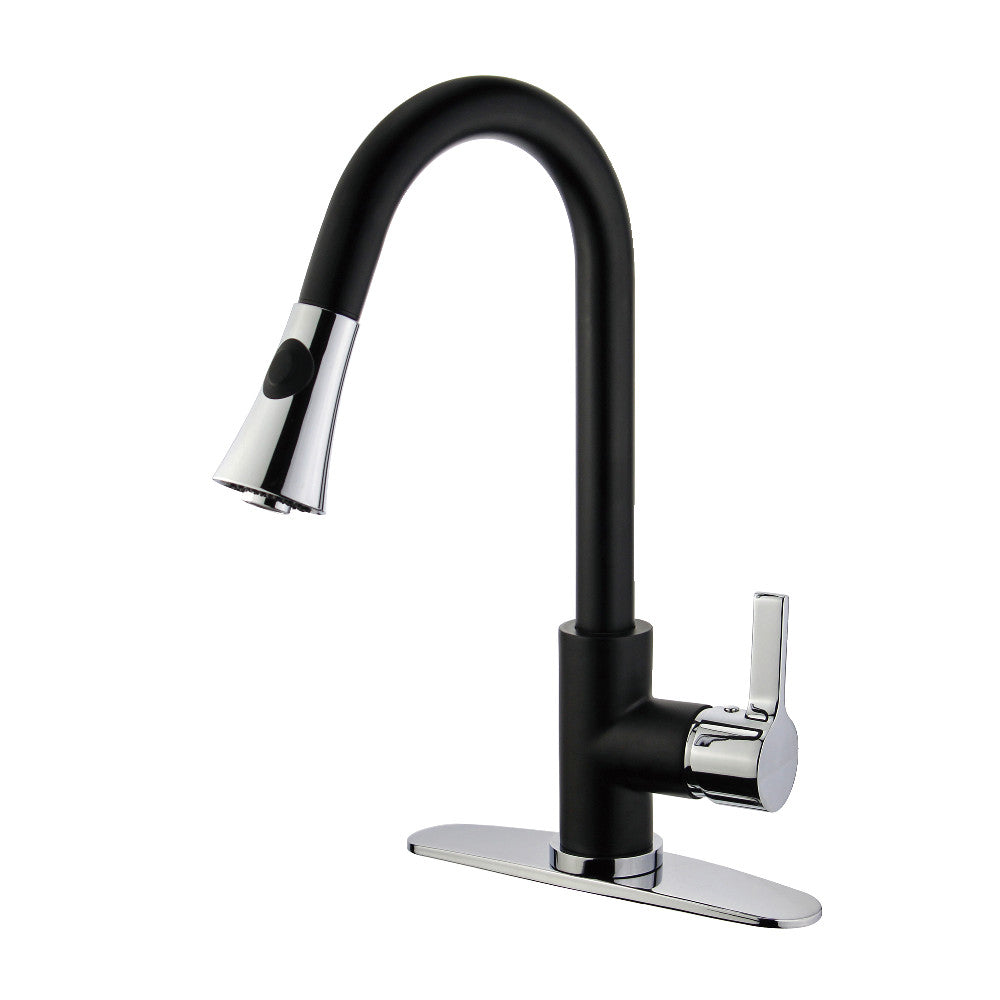 Matte black single-handle kitchen faucet with pull-down sprayer and chrome accents