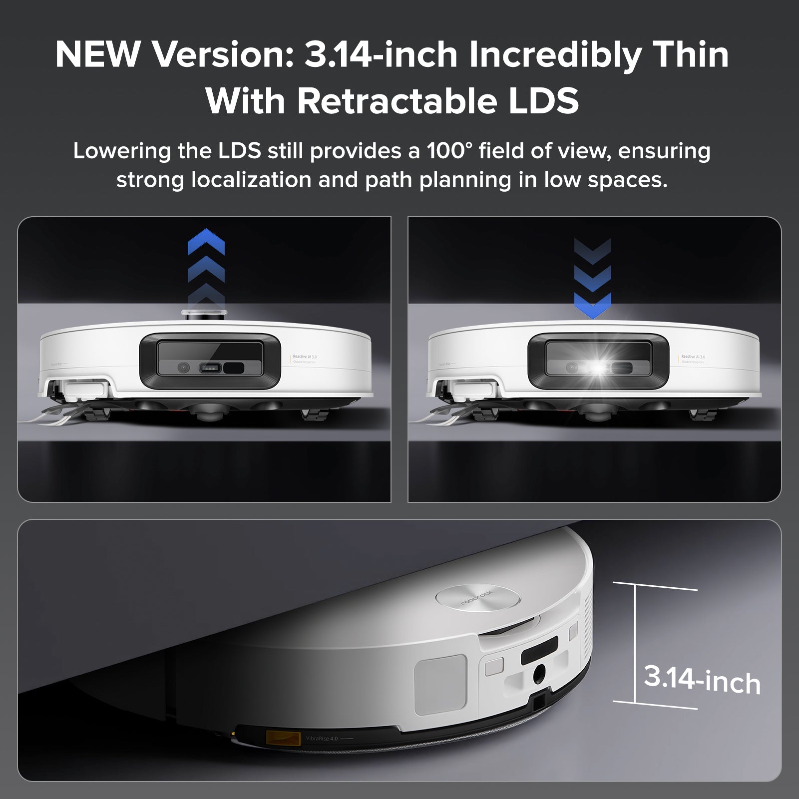 White Roborock robot vacuum with retractable LDS, shown with side and underside views.