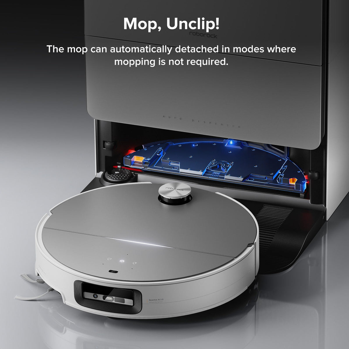Robot vacuum with mop dock open, showing internal blue control panel