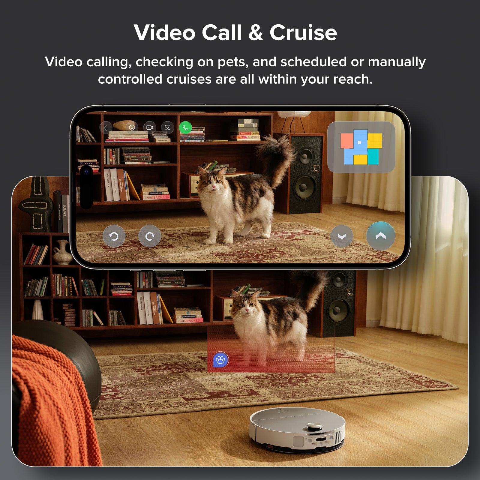 Robot vacuum with camera view shown on smartphone for home navigation