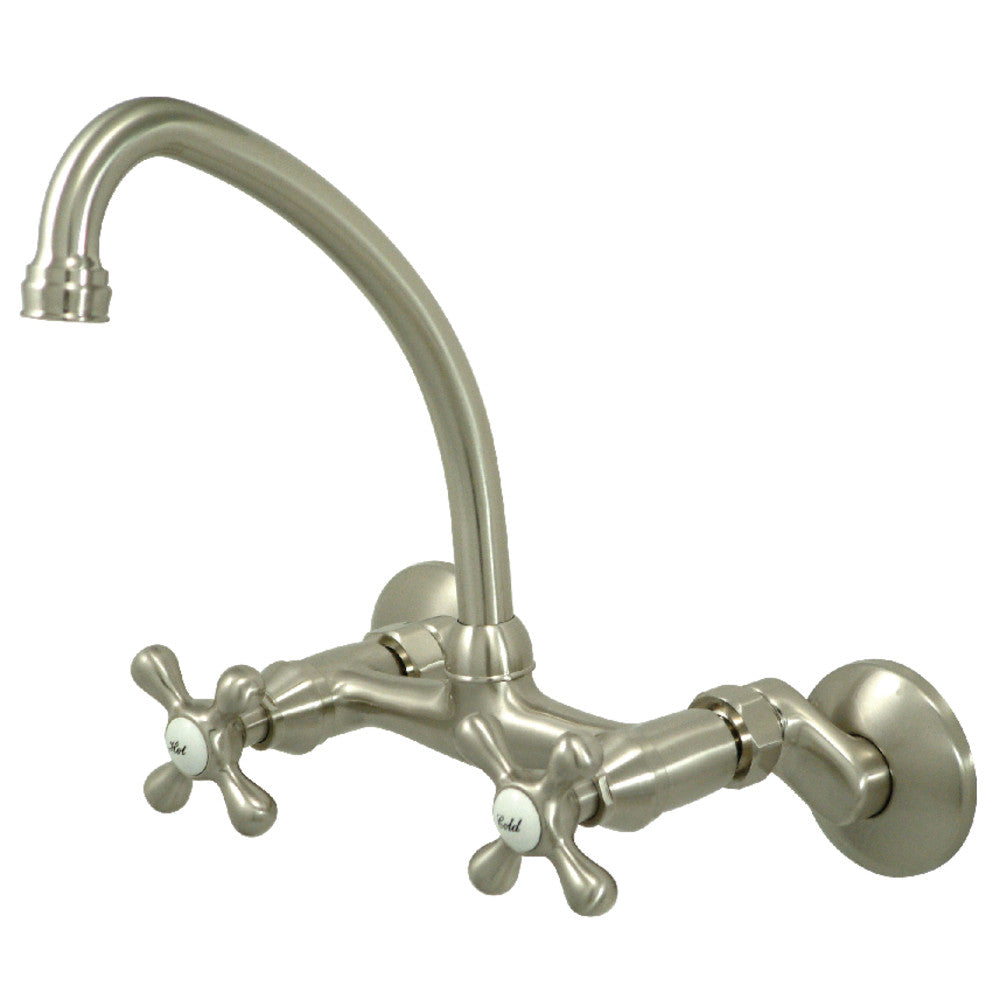 Brushed nickel bridge kitchen faucet with tall arched spout and double cross handles