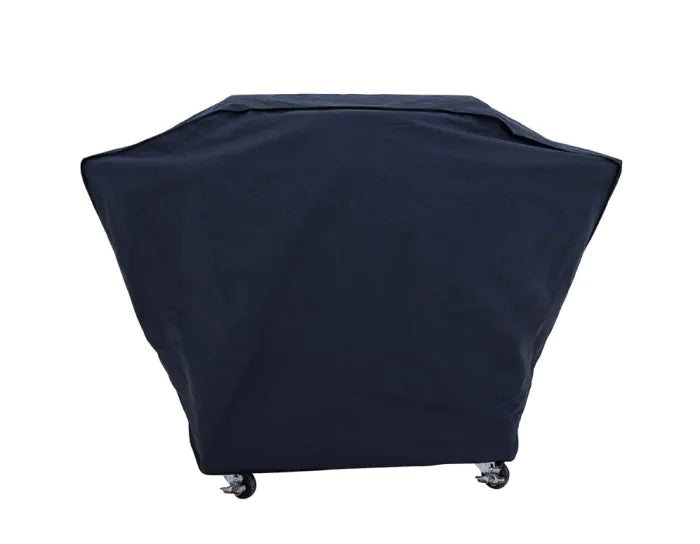 Outdoor gas griddle cover in dark blue, fitted shape with bottom edge and fasteners