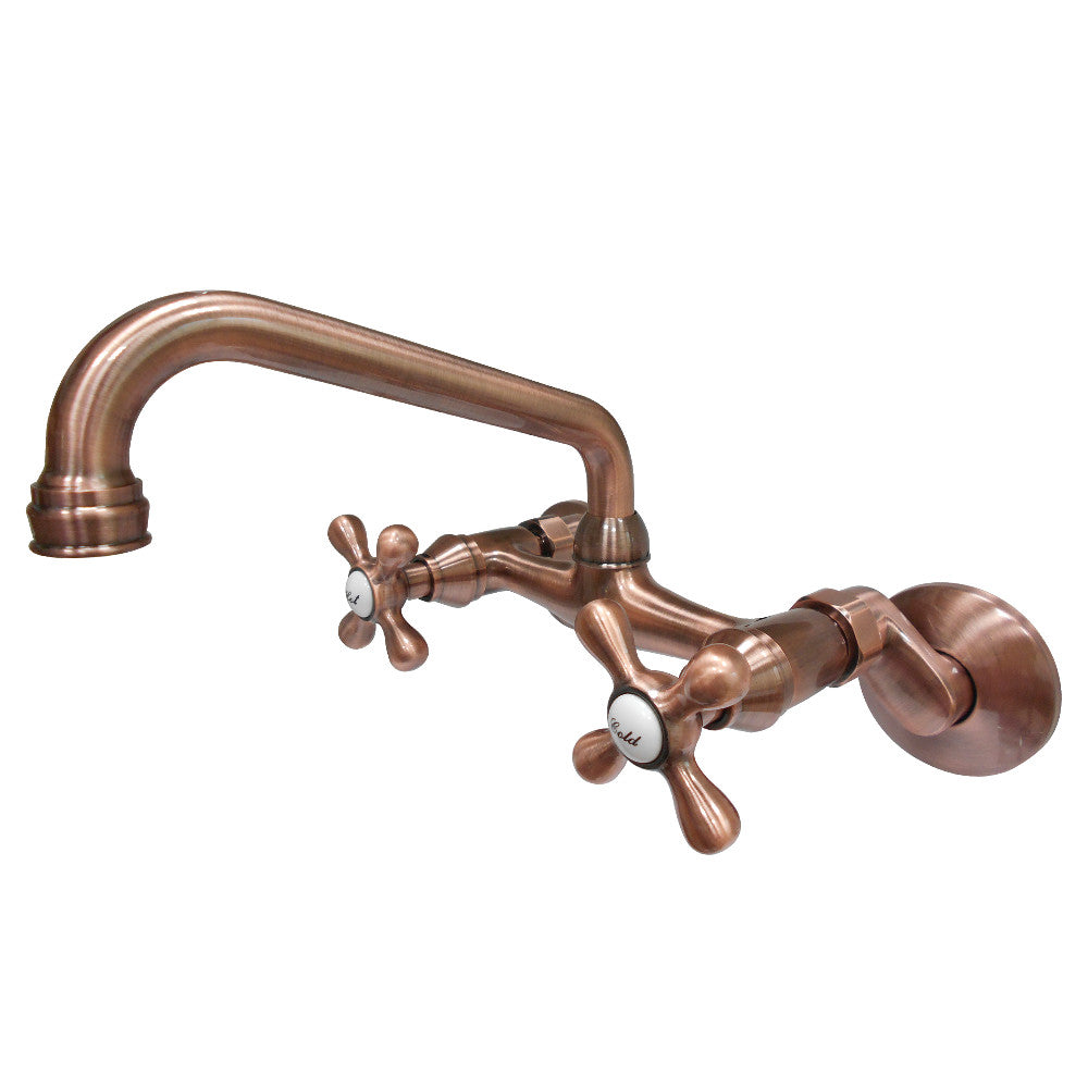 Antique copper bridge kitchen faucet with two cross handles and wall mount spout