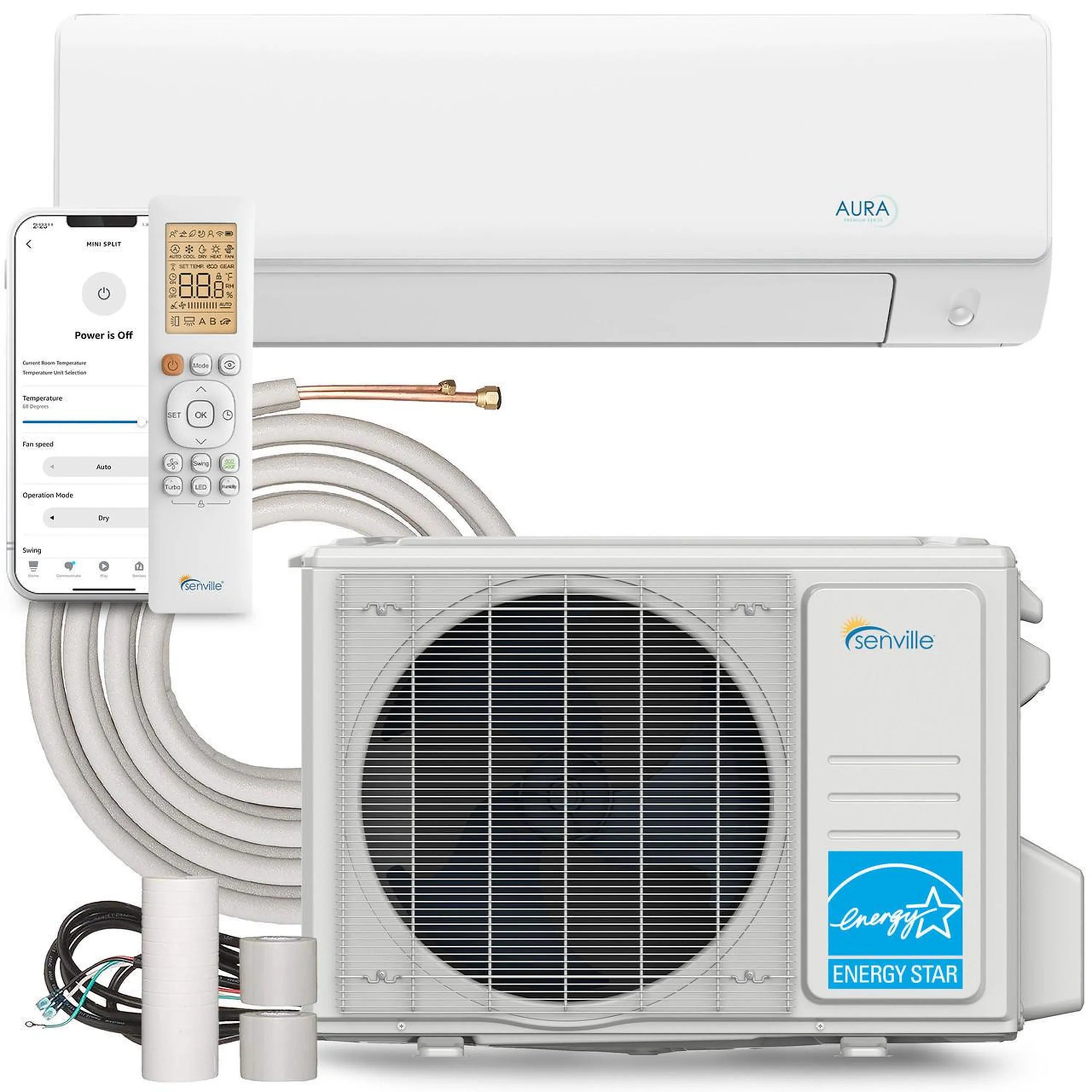 Ductless mini split system with indoor air handler, outdoor condenser, and remote