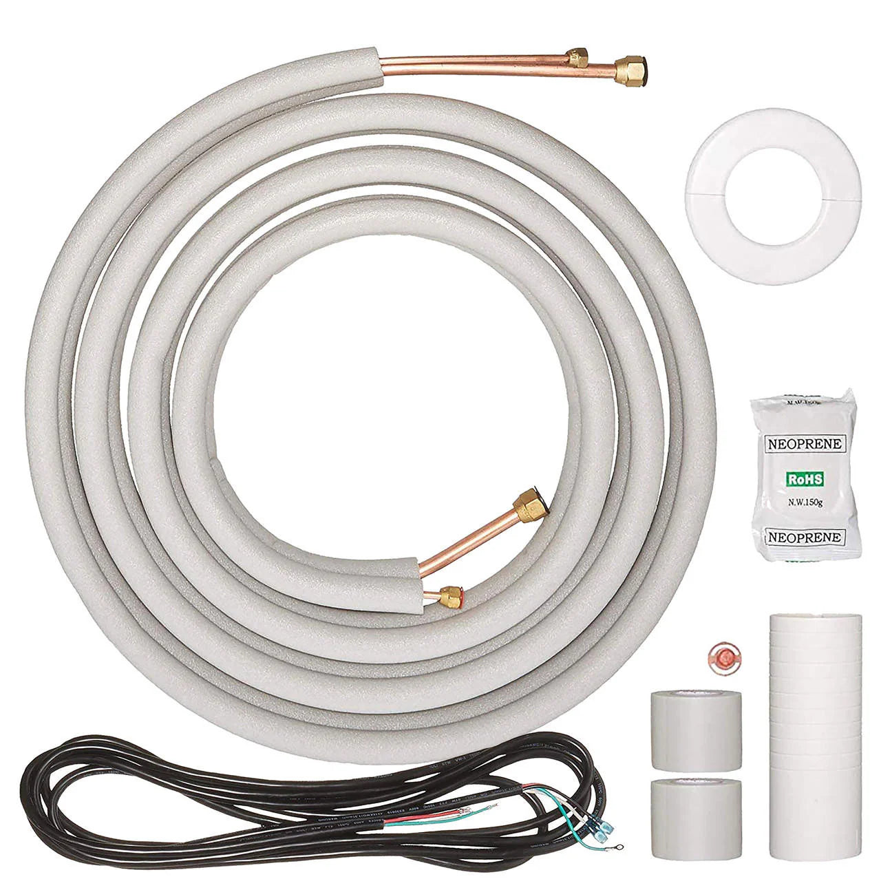 Insulated gray refrigerant line set with copper fittings, gasket, neoprene bag, and tubing rolls