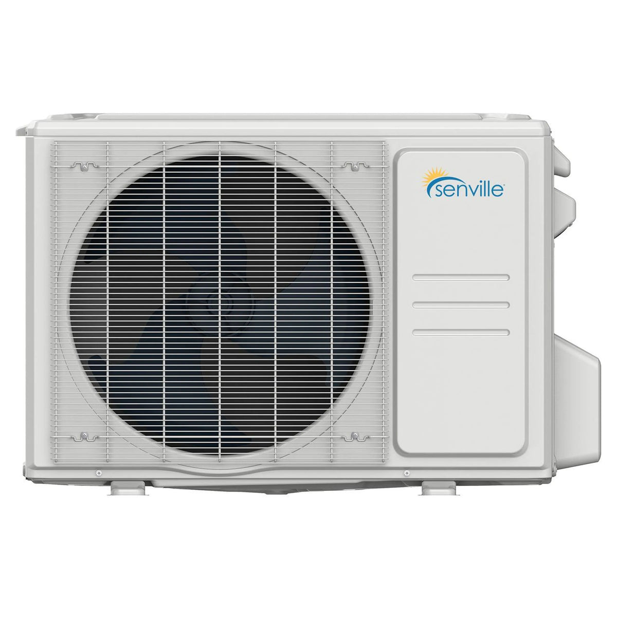 White outdoor mini split condenser unit with large circular fan grille