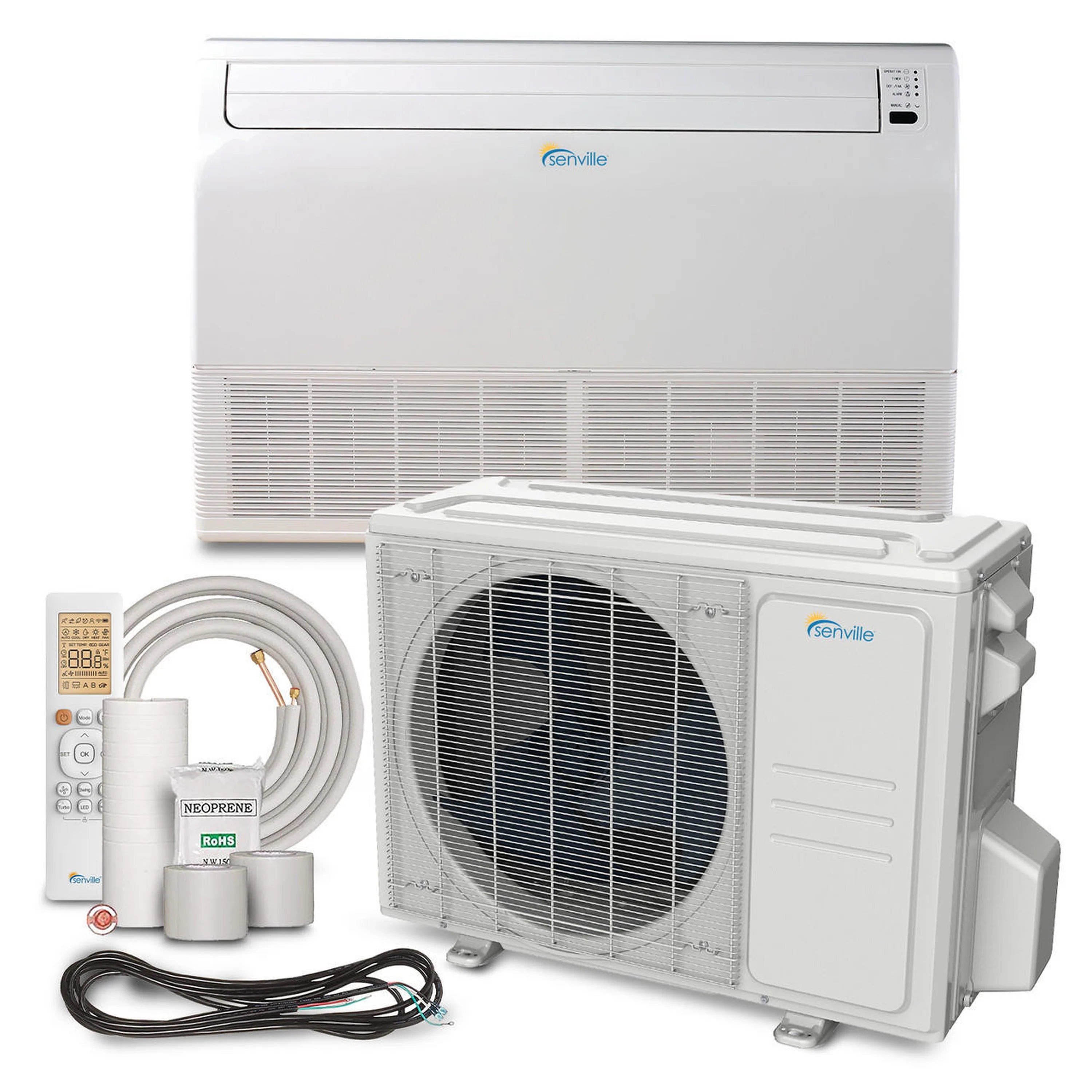 White ductless mini split outdoor condenser unit with cables and accessories