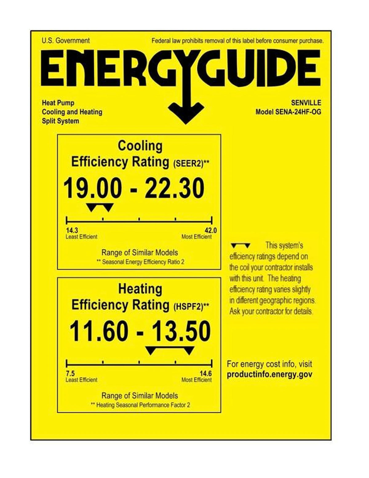 Yellow EnergyGuide label for heat pump split system with efficiency ratings