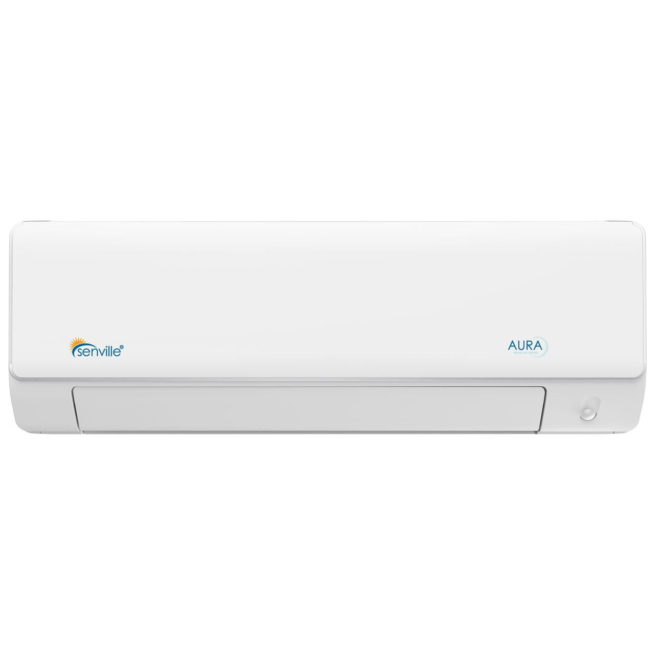 White Senville wall-mounted indoor air conditioner unit with AURA logo