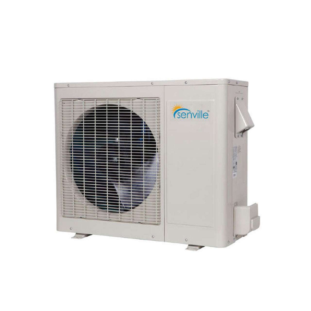White outdoor mini split condenser unit with protective fan grille