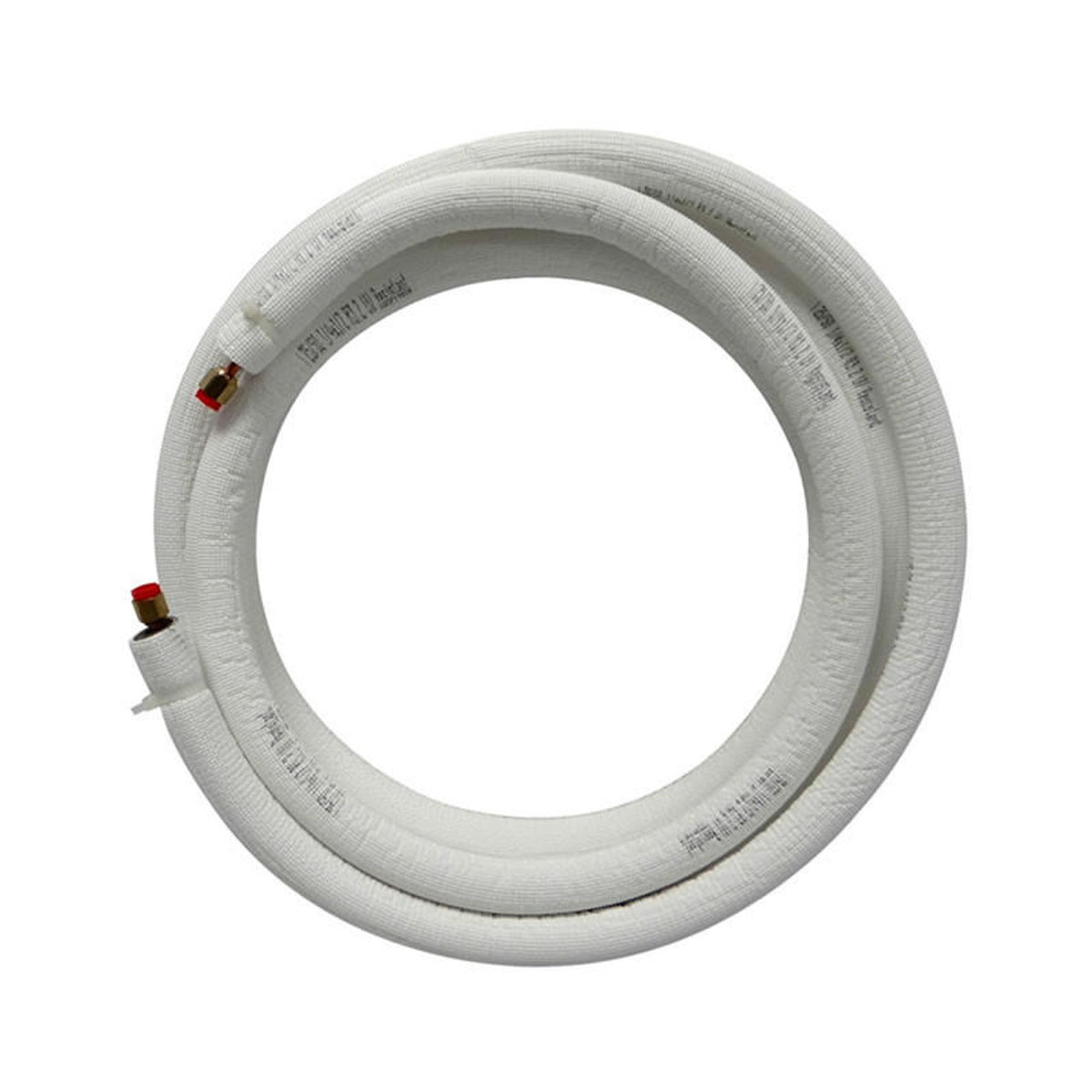 White insulated refrigerant line set with red and brass fittings, coiled
