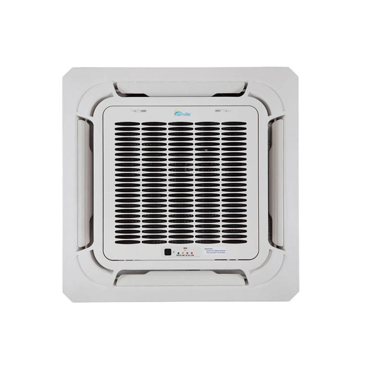 White ceiling cassette air handler with front grille and four-way outlet
