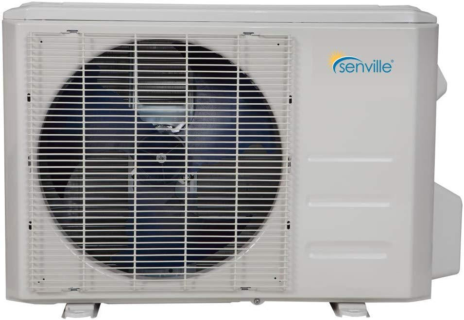Outdoor mini split condenser unit with fan grille, white housing