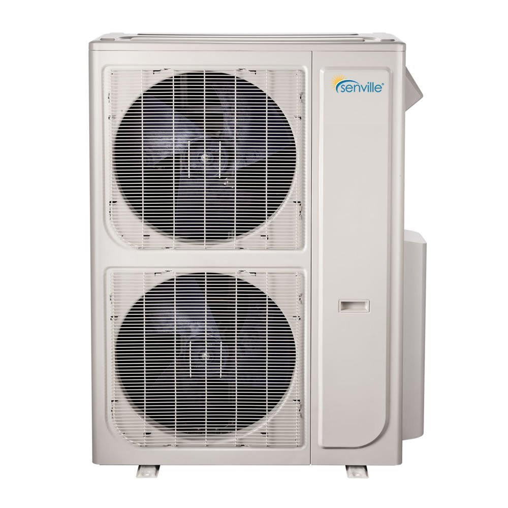 Senville outdoor multi-zone AC condenser unit with two circular fan grilles, white housing