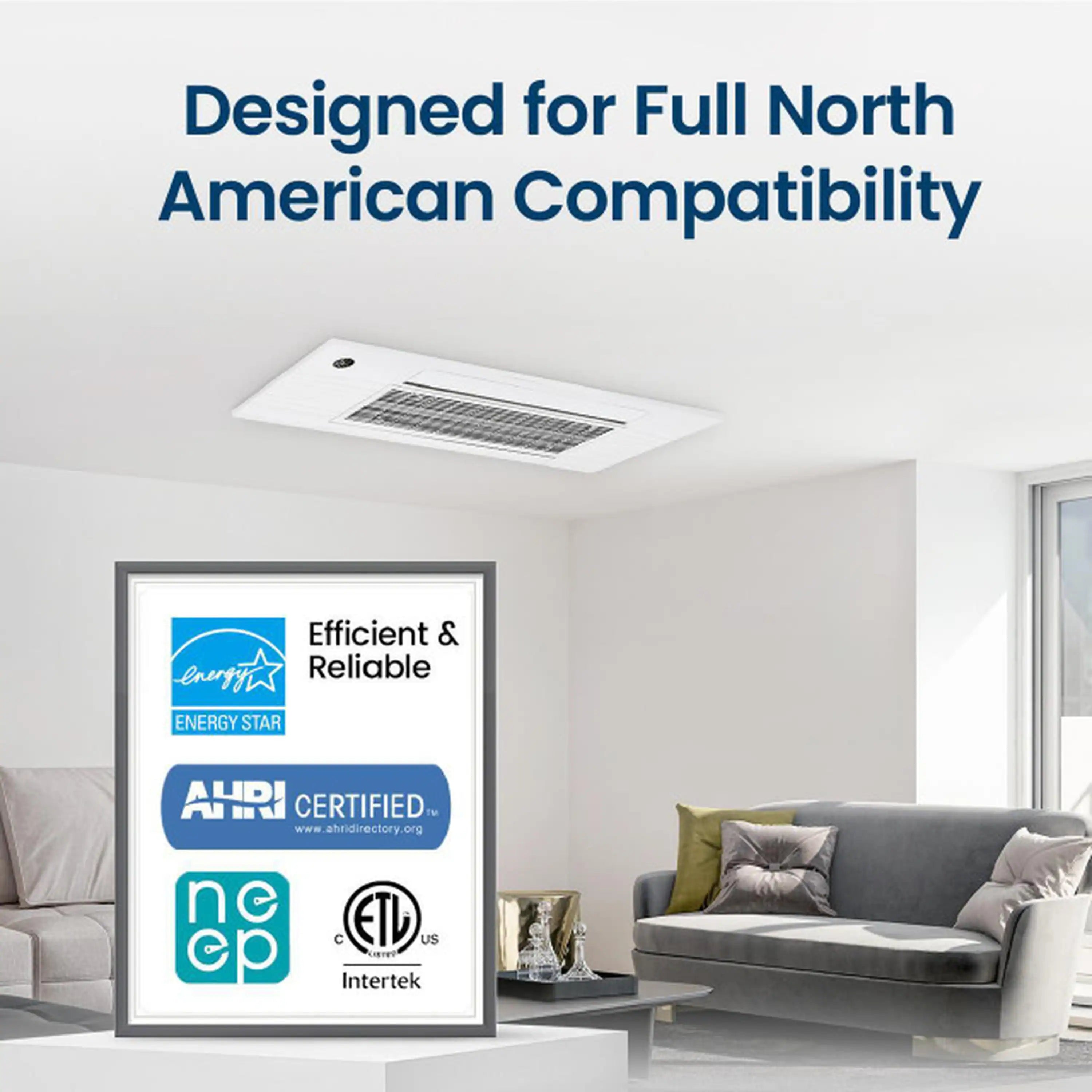 Ductless mini split ceiling cassette indoor unit with certification labels