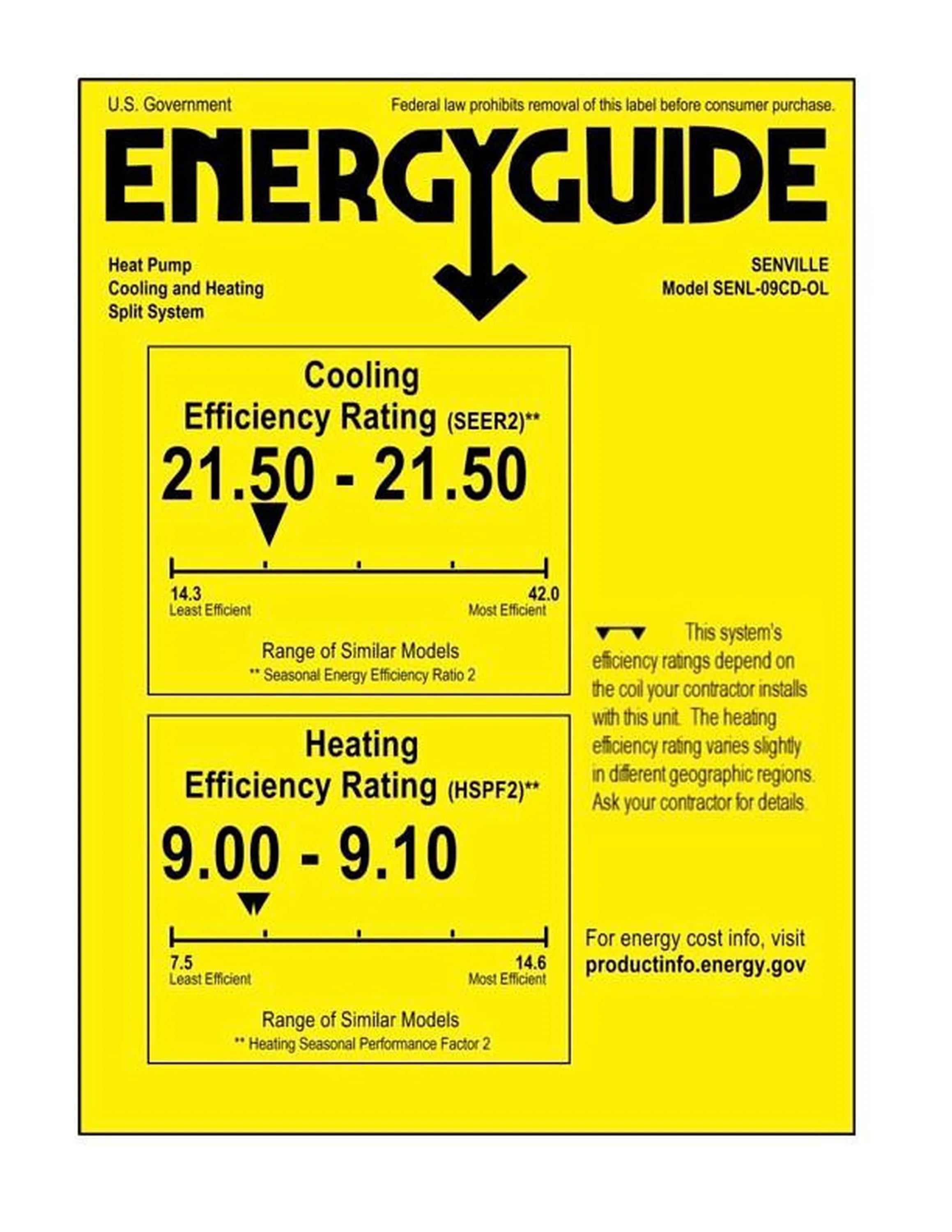 EnergyGuide efficiency label for Senville heat pump mini split with SEER2 rating