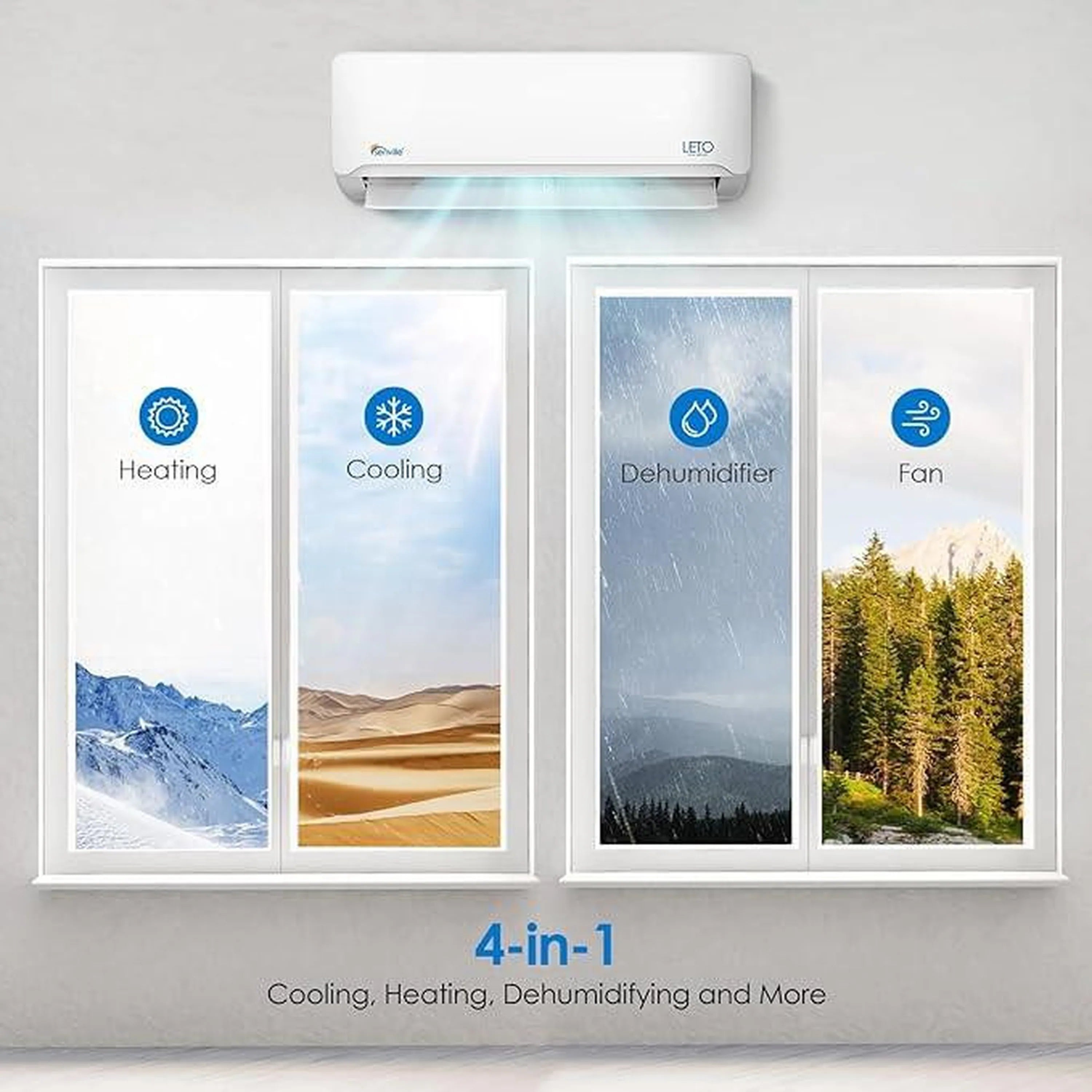 Wall-mounted mini split air conditioner shown with 4-in-1 cooling and heating icons