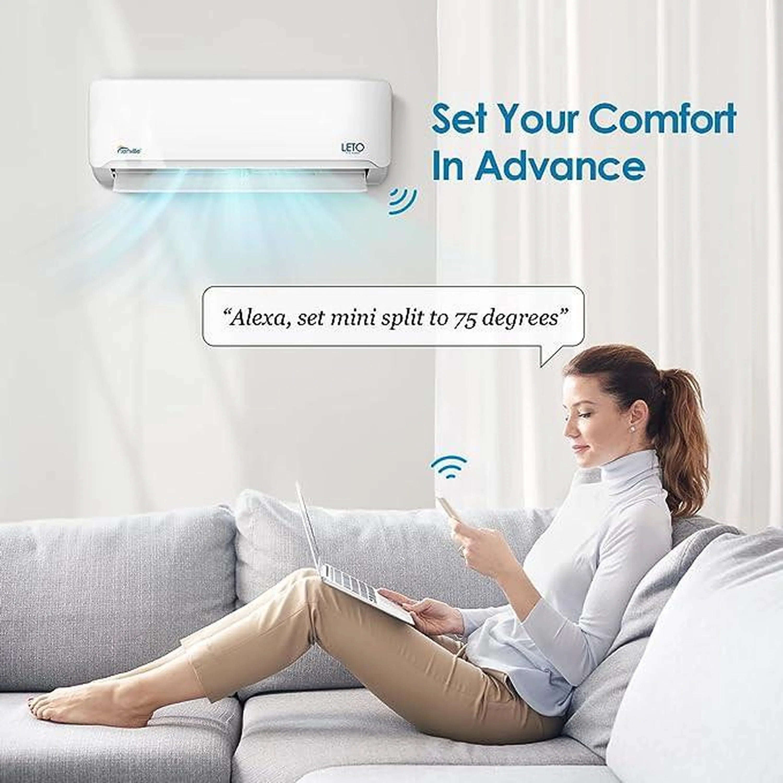 Wall-mounted mini split air conditioner with person using remote on couch