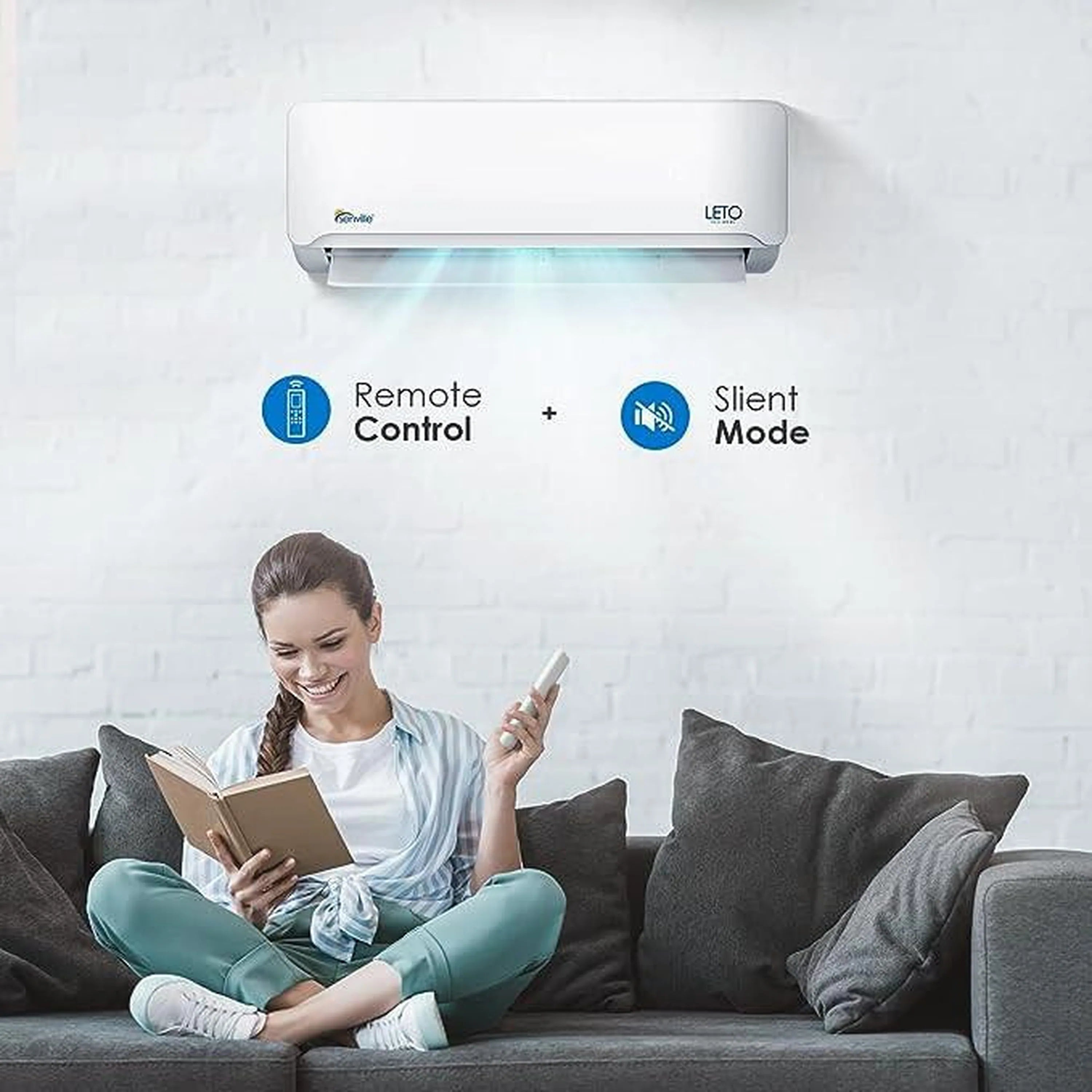 Wall-mounted mini split air conditioner with remote control and silent mode indicator