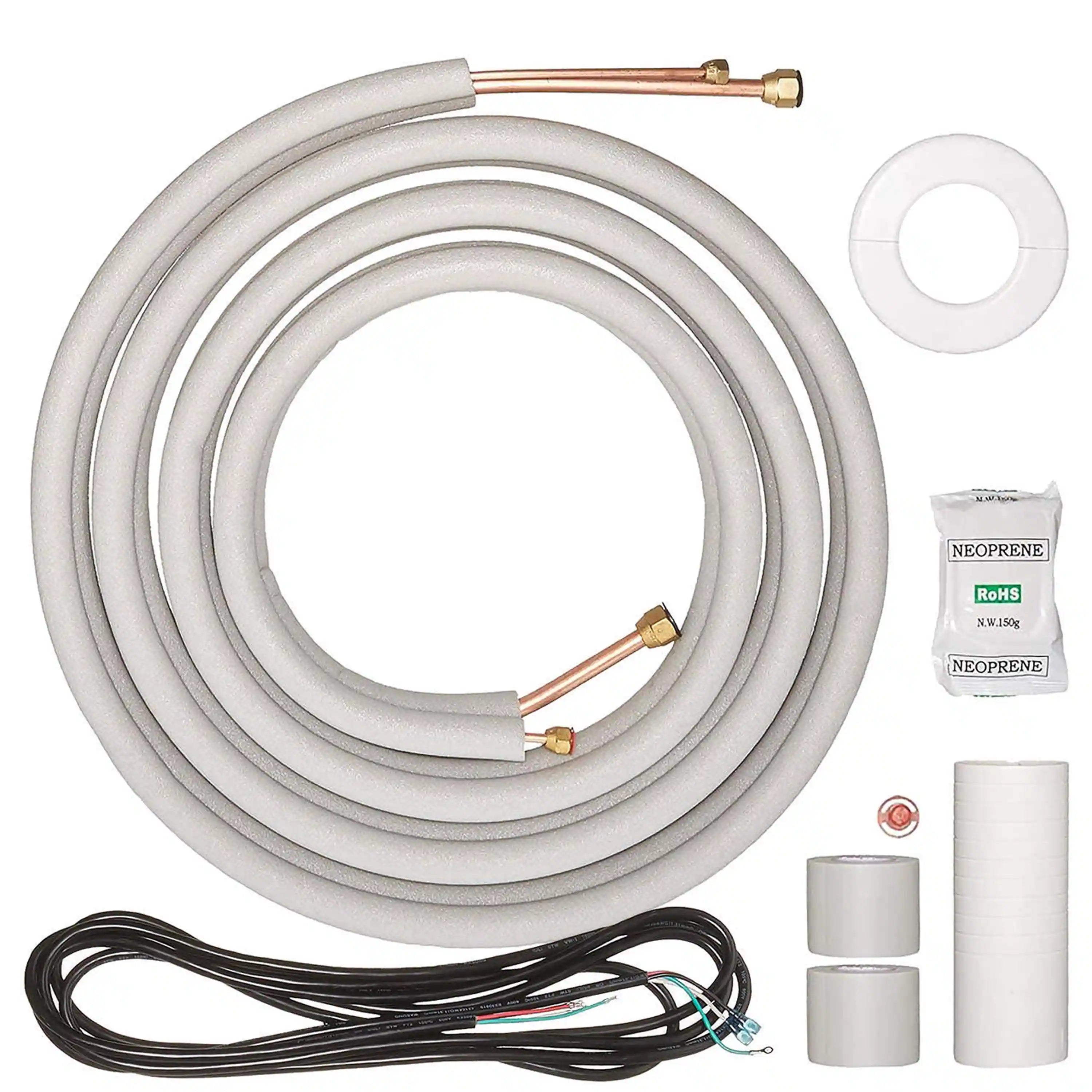 Refrigerant line set kit with insulated tubing coils, connectors, and mounting accessories