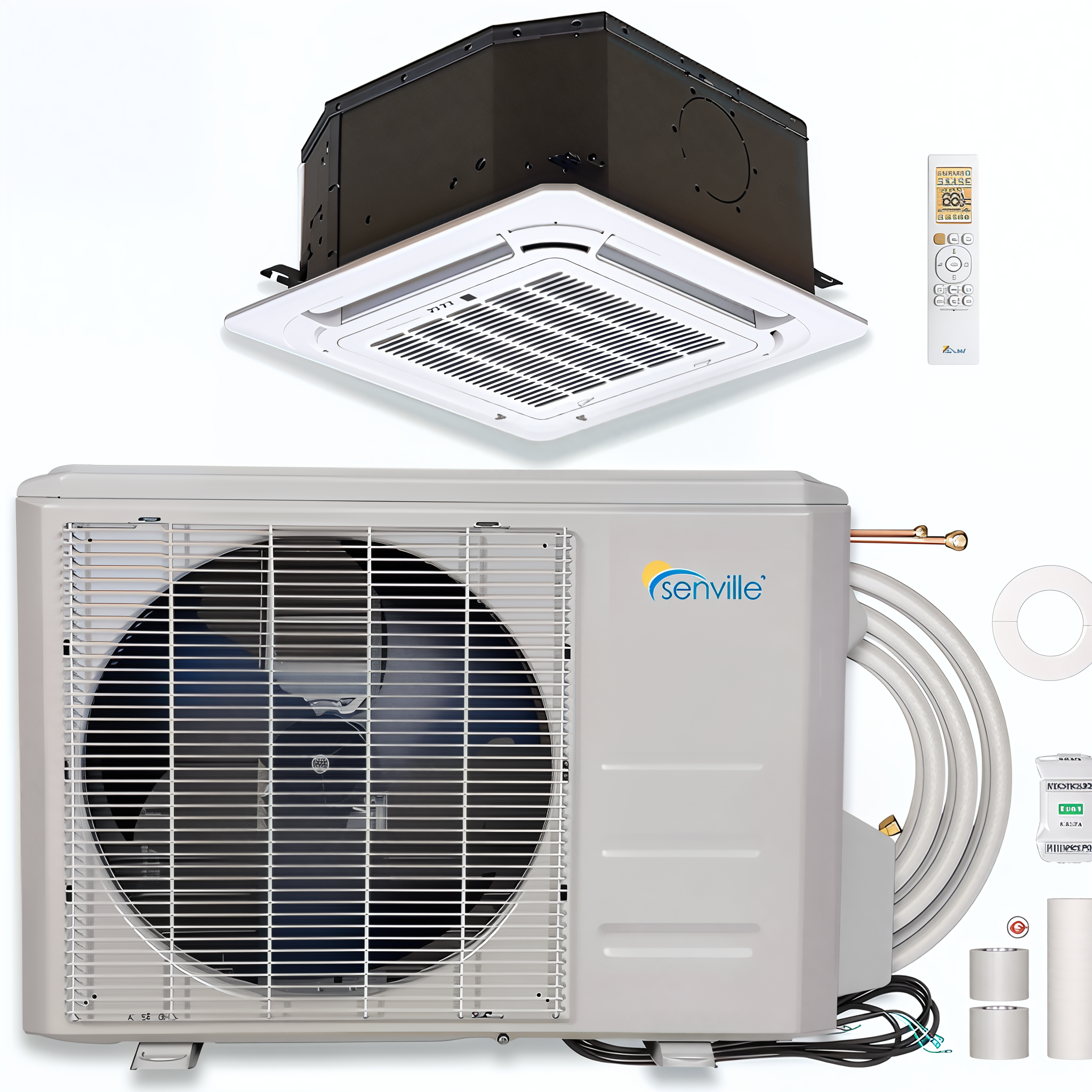 Mini split air conditioner kit with ceiling cassette air handler and outdoor condenser