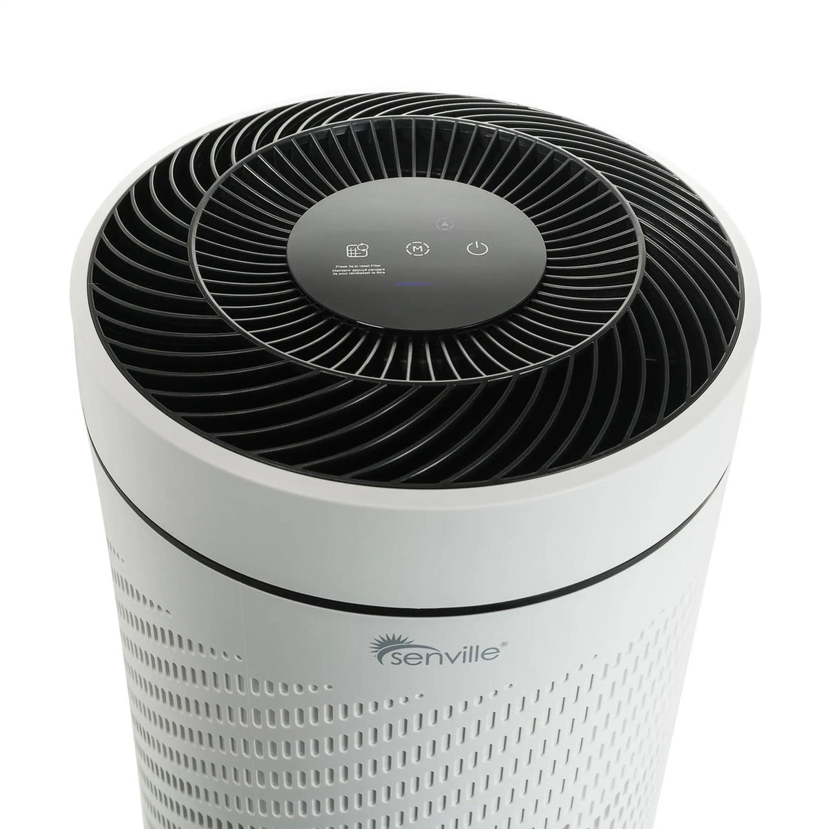 White cylindrical air purifier with black circular fan grille on top
